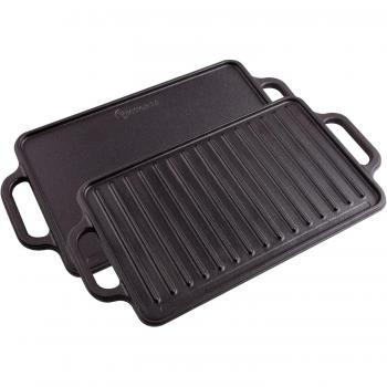 Plancha de Hierro Fundido Curado Inducción Parrilla Reversible 33x21cm para Barbacoa, Horno y Vitrocerámica - Victoria 36058 Negra