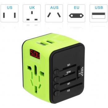 Adaptador Enchufe Viaje con LED patalla Universal Más de 150 países en todo el mundo para US / EU / UK / AUS / EE.UU./ Reino Unido / Asia / África ect, Dos Puertos USB para ipad, ipad, teléfono, MP3, GPS . verde