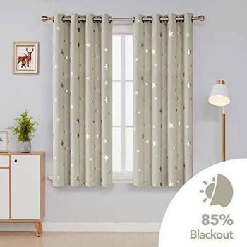 Deconovo Cortinas Opacas de Salon con Aislamiento Térmico para Ventanas Infantiles Estrella Plateada 2 Piezas 132x138cm Beige Claro
