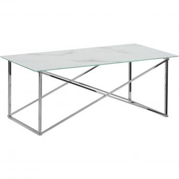 Mesa de Centro Rectangular Efecto Mármol Blanco con Vidrio Templado y Patas Plateadas 100 x 50 cm Glam Emporia