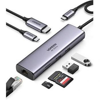 UGREEN Hub USB C, Adaptador USB C Hub a 4K 60Hz HDMI, Gigabit Ethernet RJ45, Lector Tarjeta SD TF, USB 3.0 Hub, 100W PD Carga Compatible con Macbook Pro Air M1 2020, DELL XPS, Chromecast con Google TV