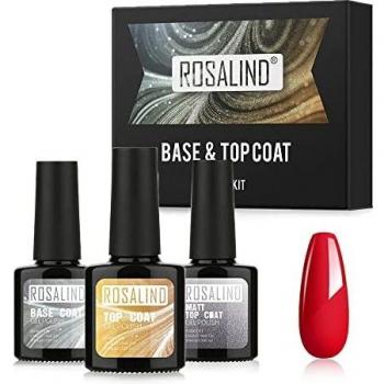ROSALIND Base y Top Coat y Matte Top Coat Semipermentes, Esmaltes Semipermanentes de Uñas en Gel UV LED Gel Soak Off 3PCS/set 10ML