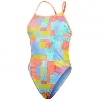 Bañador de mujer de natación Speedo Allover Digital V-Back Naranja Azul Verde