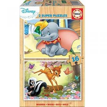 Educa - Disney Animals : Dumbo y Bambi 2 Puzzles Infantiles de Madera ecológica de 16 Piezas, a Partir de 3 años