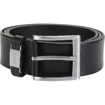 BOSS Connio Black Leather Belt with Brushed Metal Buckle, Size 110 cm