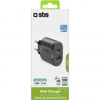 Cargador de Viaje USB Tipo C Rápido 10W 2.1A con Adaptador de Corriente 15W Negro