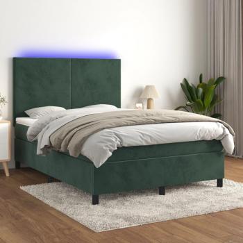 Cama box spring con colchón y LED terciopelo verde oscuro 140x190cm