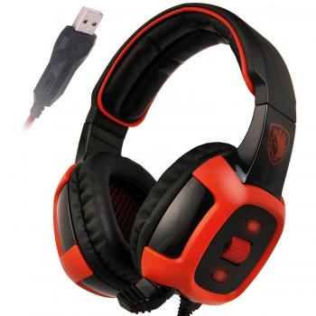 SADES SA906 7.1 Stereo Surround Sound Pro USB de la PC Gaming Headset Sobre-Oído de la venda de los auriculares de alta fidelidad con la función de vibración del micrófono Control de volumen remoto de iluminación LED rojo