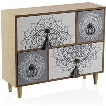 Regala Feliz Joyero 4 Cajones, Madera, Largo: 33 cm. Ancho: 11 cm. Alto: 27 cm. Peso 1.775 kg. Color Blanco y Gris, Dibujo Tipo Mandala.