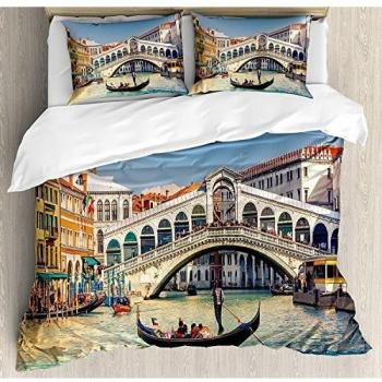 Juego de sábanas nórdicas de 3 piezas Venice Juego de fundas nórdicas, paisaje urbano en un día soleado con Rialto Bridge Venetian Grand Canal Travel Destination, Juego de fundas de edredón / Qulit de