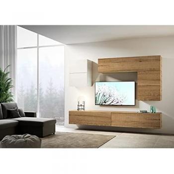 Composición de Pared de Salón Suspendida Isoka A06 Nogal y Blanco L. 254 H. 174 P. 39,5