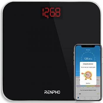 RENPHO Bluetooth Báscula de Baño Peso Digital con IMC, Báscula de Pesaje Inteligente con Aplicación de Teléfono Inteligente y LED Retroiluminado Fácil de Leer, Vidrio Templado Resistente, 400 lb,Negro