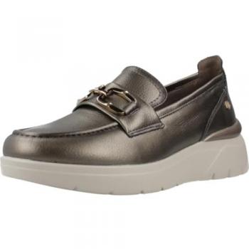 Carmela Mocasines de mujer de piel metalizada con plataforma y adorno de hebilla, modelo 16183703C, color gris plomo, talla 38