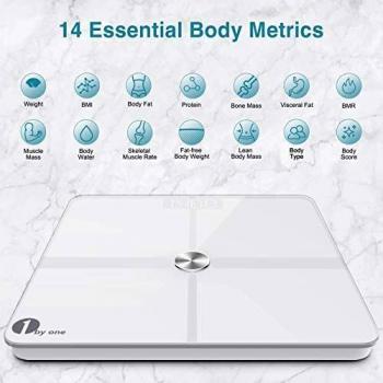1byone Balanza Peso Corporal, Bascula de Baño, ITO Báscula de Grasa Corporal Bluetooth, Vasculas de Peso digital Grasa Corporal con APP para iOS y Android, 14 Composición Corporal Esencial - Blanco