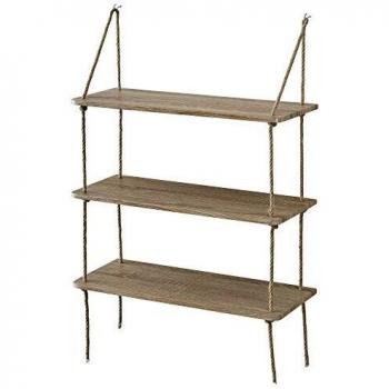 Estantería de Pared Decorativa con 3 Estantes Colgantes y Cuerda - Efecto Madera - 60 x 23,5 cm