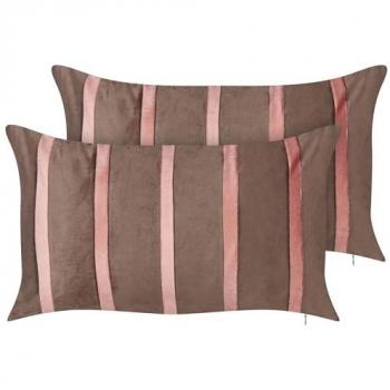 Conjunto de 2 cojines de terciopelo 35 x 60 cm hecho a mano con motivo de rayas marrón y rosa Crodyline