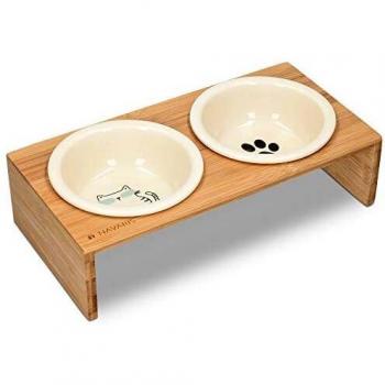 Navaris Comedero y Bebedero para Mascota - 2X Bol Elevado para Perros Gatos - Comedero Doble de cerámica - Boles con Soporte Antideslizante de bambú