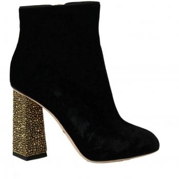 Dolce & Gabbana Black Velvet Crystal Square Heels Shoes - EU40/US9.5, Heeled Boots, female, Black, Size: 10 US Crystal Embellished Ankle Heel Boots