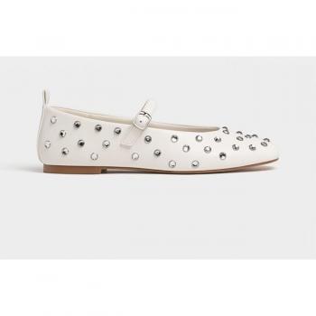 Stradivarius Ballet Flats with Rhinestone Ankle Strap in Ecru
