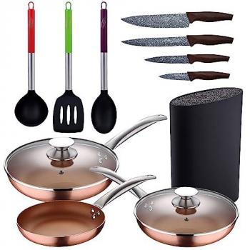Set de Sartenes de Aluminio Prensado Inducción 5 Piezas con Utensilios de Cocina Nylon y Cuchillos de Acero Inoxidable