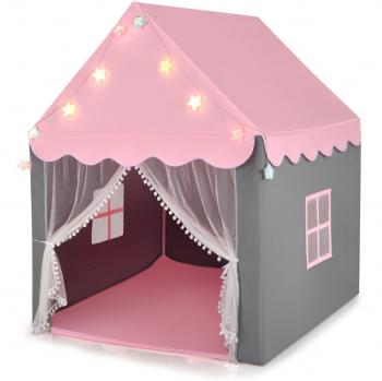 Carpa Tipi Castillo de Hadas para Niños con Colchoneta Lavable, Luces con Forma de Estrella, Ventanas, Rosa 105 x 121 x 136 cm - Costway
