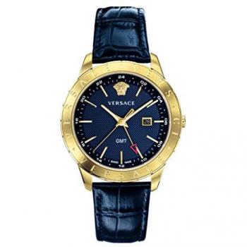 Versace Men's Univers GMT Blue Gold Leather Slim Business Watch