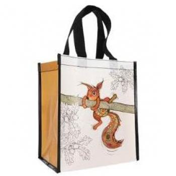 Bolsa de la compra de plástico reciclado Kiub Kook, diseño de ardilla trepadora en una rama, formato 30 x 26 cm, grosor de 16 cm, color blanco, tamaño Small