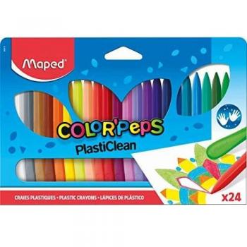Maped - Ceras de Colores para Niños - Plasticlean - 24 Pinturas de Cera de Colores - 1 Lado de Precisión y 1 Lado Liso - No Ensucian las Manos - Fáciles de Afilar