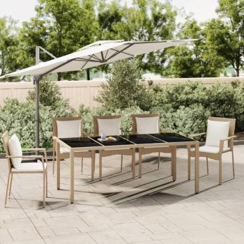 Mesa de jardín de Polyrattan beige con superficie de vidrio templado plano