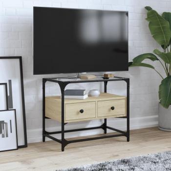 Mueble TV de cristal y madera de ingeniería en roble Sonoma, dimensiones 60x35x51 cm, color marrón