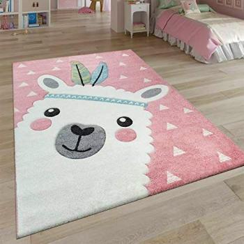 Alfombra Infantil Efecto 3D Diseño Adorable Alpaca Rosa 160x230 cm
