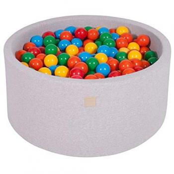 Piscina de Bolas MeowBaby Gris Claro 90x40cm con 300 Bolas Multicolores (Amarillo/Rojo/Verde Oscuro/Naranja/Azul) Certificada para Niños
