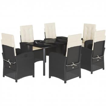 7-Piece Black Poly Rattan Garden Dining Set with Cushions