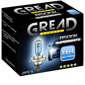 Gread - 2x Lámparas halógenas H4, faros, bombillas, luces automóviles - Extra blancas - 8500k 55W Certificación ECE - Óptica xenón