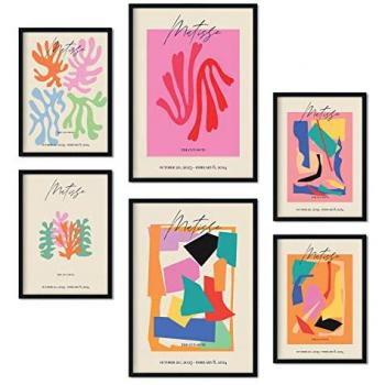 Set de 6 Pósters Matisse con Estética Collage para Decoración de Interiores - Tamaños A3 y A4 con Marco Negro