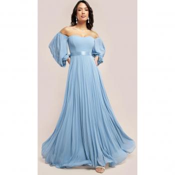 Goddiva Bardot Chiffon Pleated Maxi Dress - Blue