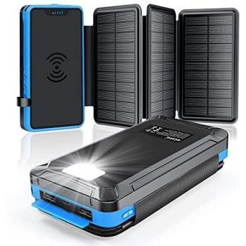 Cargador Solar 26800mAh, Elzle Power Bank Qi Wireless con 2 Salidas y 1 Entrada Micro, Impermeable Batería Externa con 3 Paneles Solar Linterna LED para iPhone Android Tabletas Cámara Viajes Camping