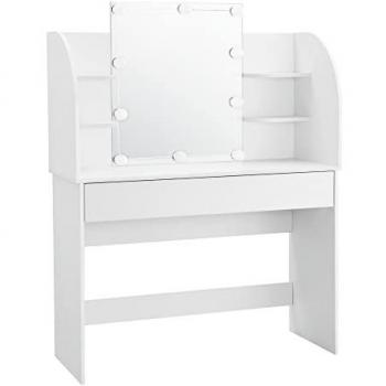 Tocador Köla Mesa de Maquillaje con Espejo y LED, Aglomerado Blanco, 140 x 108 x 40 cm, con Cajón y Cargador USB