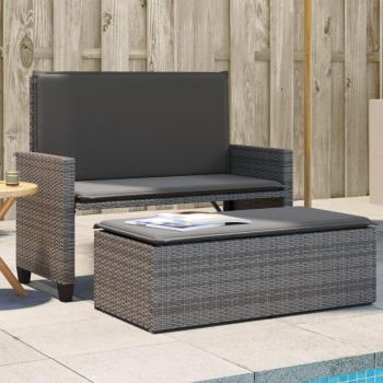 Grey Poly Rattan Garden Bench with Cushions and Footstool