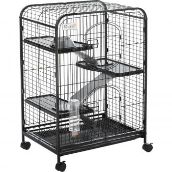 PawHut Jaula para Roedores con Ruedas 3 Plataformas Bandeja Extraíble Comedero Bebedero 64x43,5x93 cm Negro