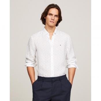 Camisa de lino Tommy Hilfiger con plumeti bordado a contraste, ajuste slim fit, color blanco y azul