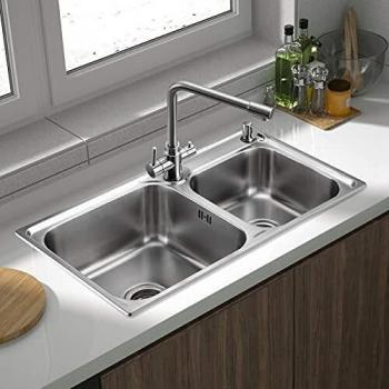 Lonheo Fregadero Cocina 2 senos de 78X43 cm, Fregadero Doble Acero Inoxidable Cuadrado con 2 Orificios, para mueble de 80 cm, incluyendo juego de rebosadero y desagüe, Sobre encimera