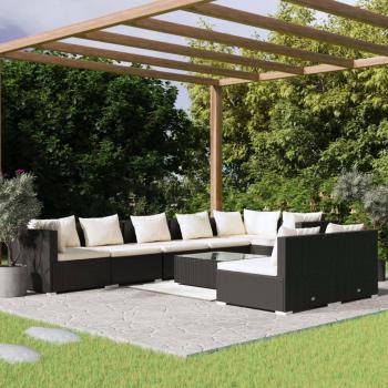 9-Piece Black Poly Rattan Garden Lounge Set with Cushions