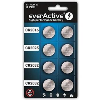 EverActive Mix - Pilas de botón (2 x CR2016, 2 x CR2025, 4 x CR2032 3 V, Litio, 10 años de duración, 8 Unidades)