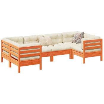 6-Piece Wax Brown Solid Pine Garden Sofa Set with Cushions