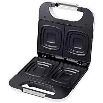 Grunkel - SAN-13SC - Sandwichera de 2 cavidades antiadherentes sin corte, regulador de temperatura. Asa con cierre de seguridad de tacto frío y fácil limpieza - 750W – Blanco