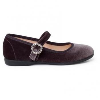 Merceditas de niña de terciopelo con hebilla y joya, talla 30, color gris