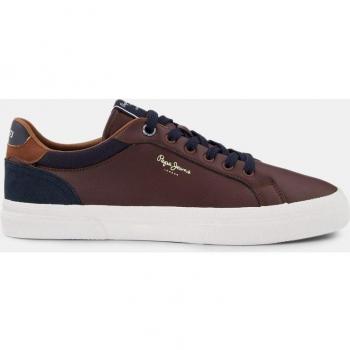 Pepe Jeans Kenton Court PMS30839 Zapatillas Bajas de Cuero para Hombre, Marrón con Detalles Multicolor y Logotipo Lateral, Talla 40