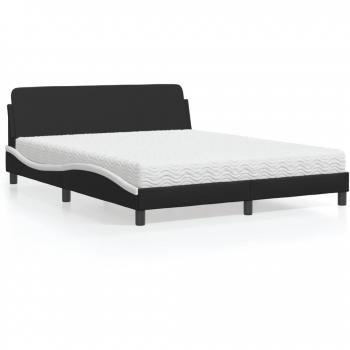 Cama con colchón de cuero sintético blanco y negro 160x200 cm