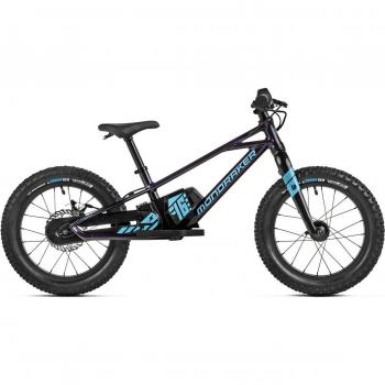 Mondraker Grommy 16' - Bicicleta eléctrica infantil negra y azul con cuadro de aluminio, motor eléctrico, batería integrada, frenos de disco, ruedas de 16 pulgadas y diseño ergonómico